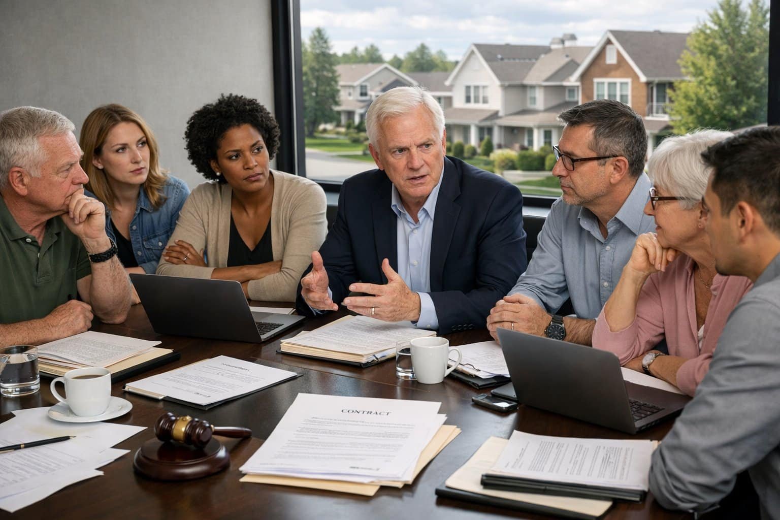 A group of homeowners and board members discussing documents around a conference table with a view of suburban houses outside.