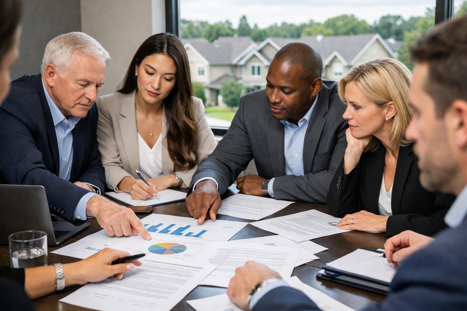 A group of people in a conference room discussing documents with a view of suburban houses outside the window.