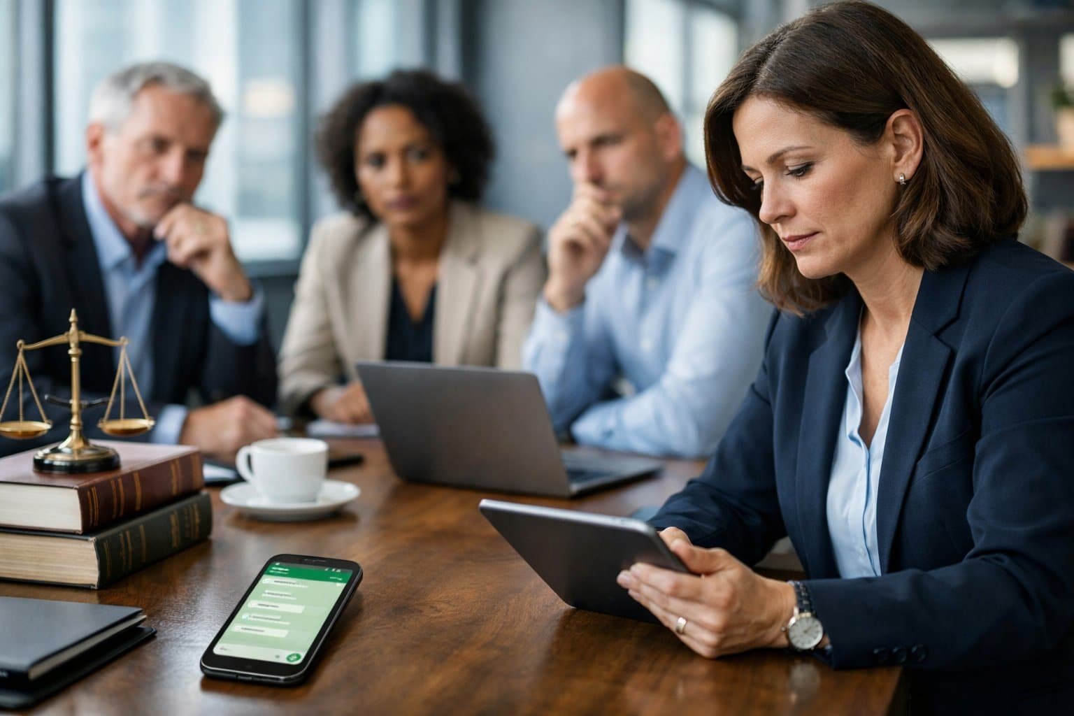 A group of professionals in a modern office reviewing a smartphone showing a messaging app during a serious meeting.