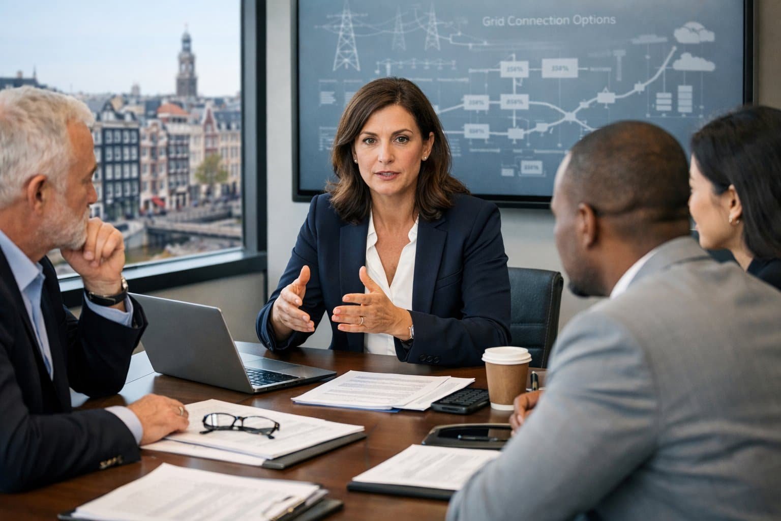 A group of professionals discussing legal documents around a conference table in an office overlooking a cityscape.