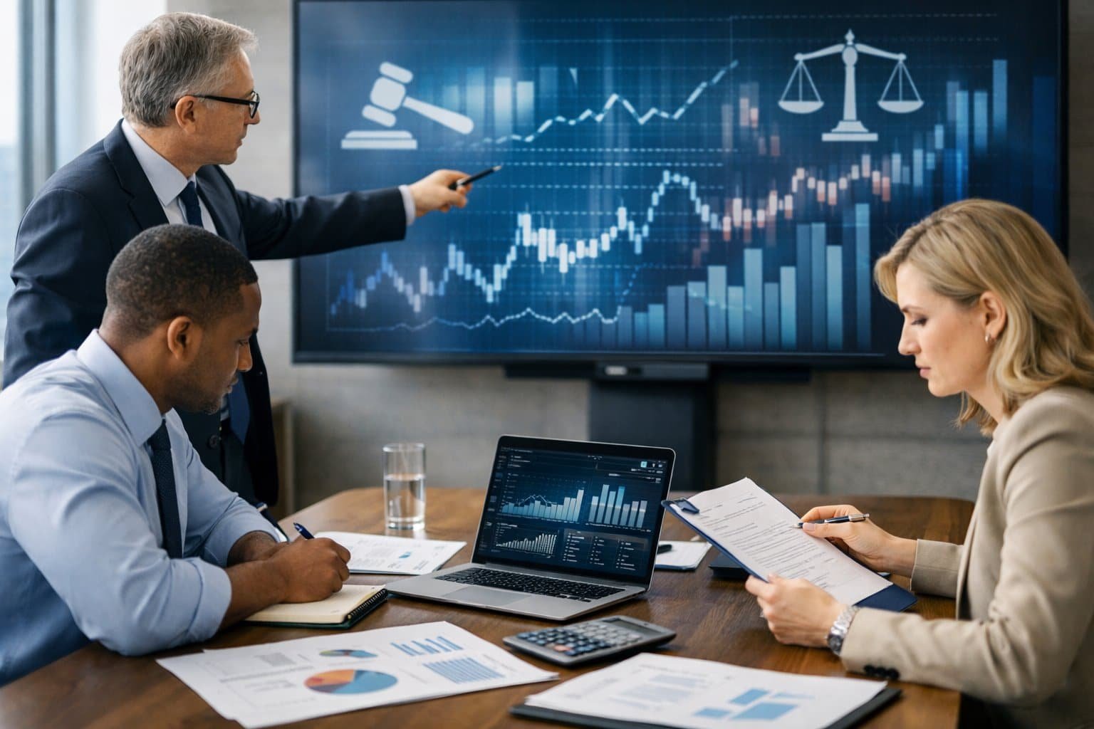 A group of professionals discussing financial documents and data in a modern office setting.