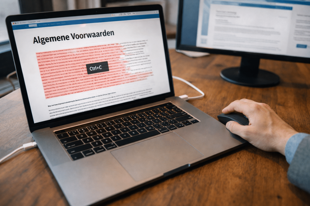 Overhead view of laptop copying terms and conditions from website, warning visualization of legal risks when copying from internet