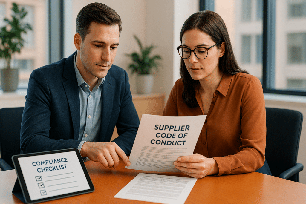 Two business professionals discuss a code of conduct for suppliers at a conference table - legal advice Law & More
