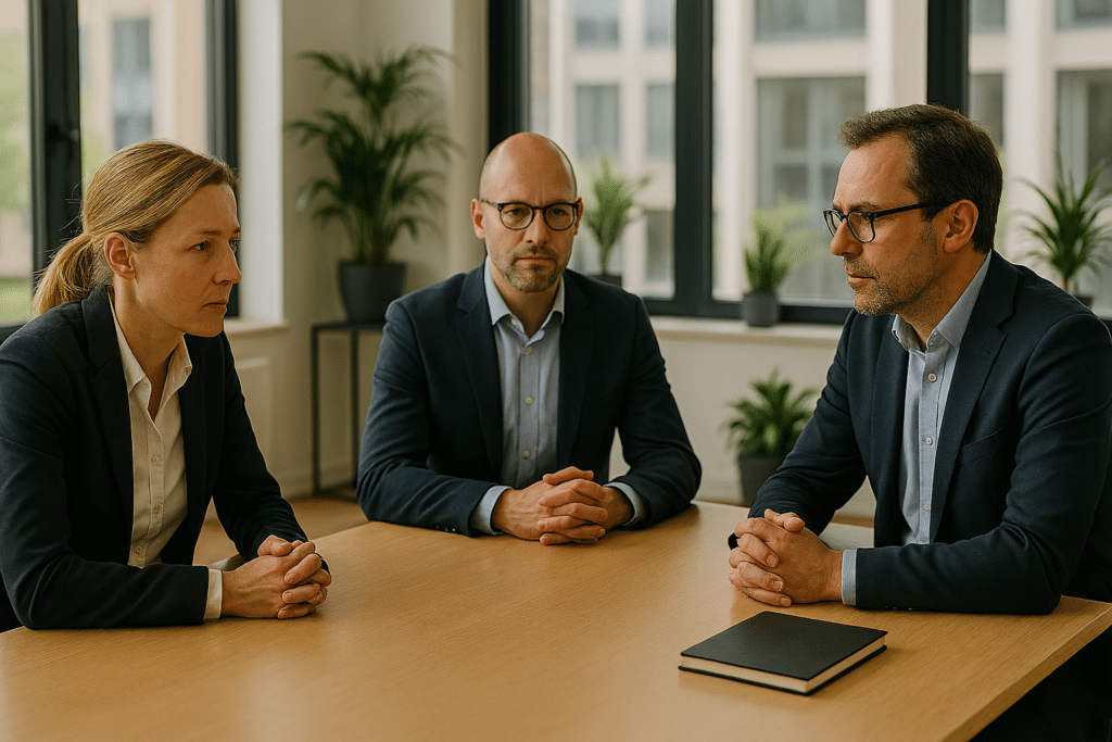 three persons in a meeting room