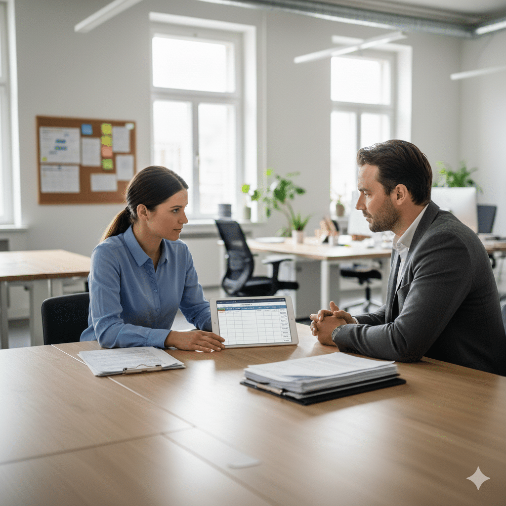 Business meeting in modern office setting.