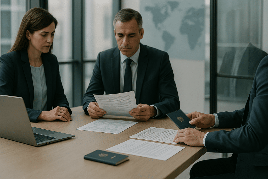 Business meeting with documents and passports.