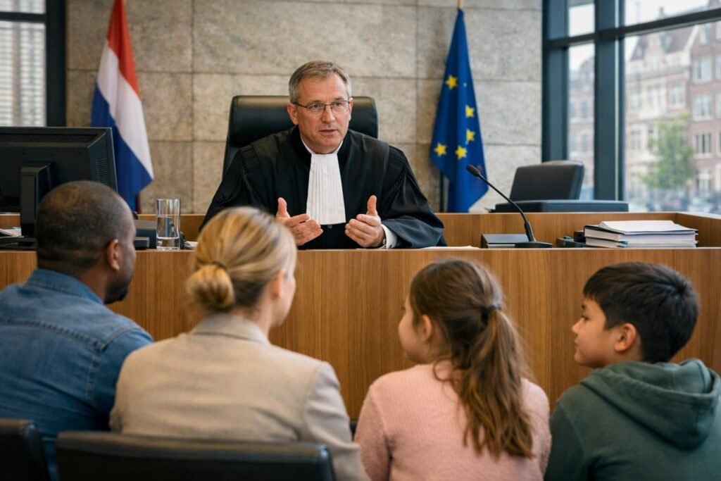 A family with children listening to a judge in a Dutch courtroom discussing legal matters.