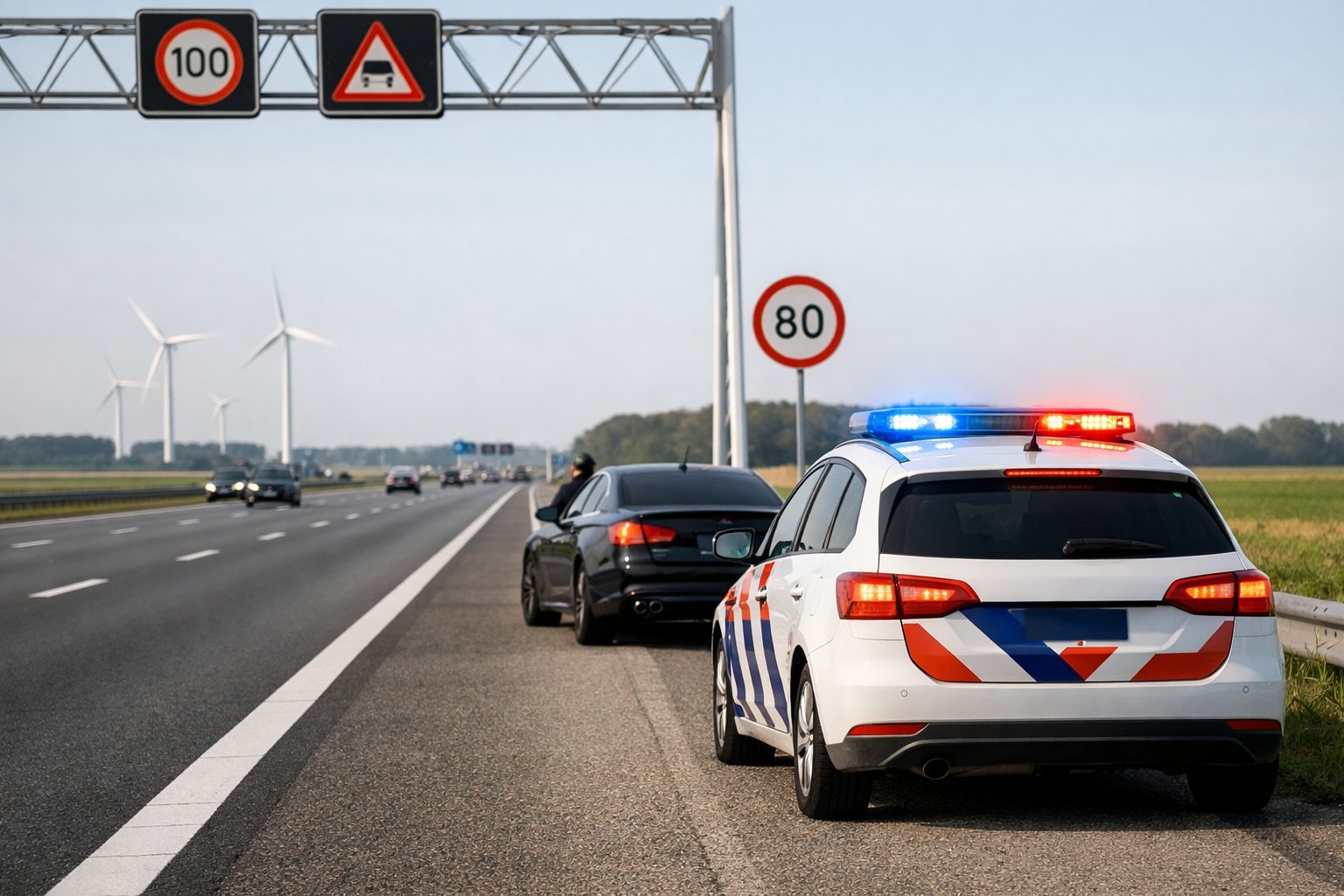 A car being pulled over by a police vehicle on a Dutch highway with green fields and wind turbines in the background.