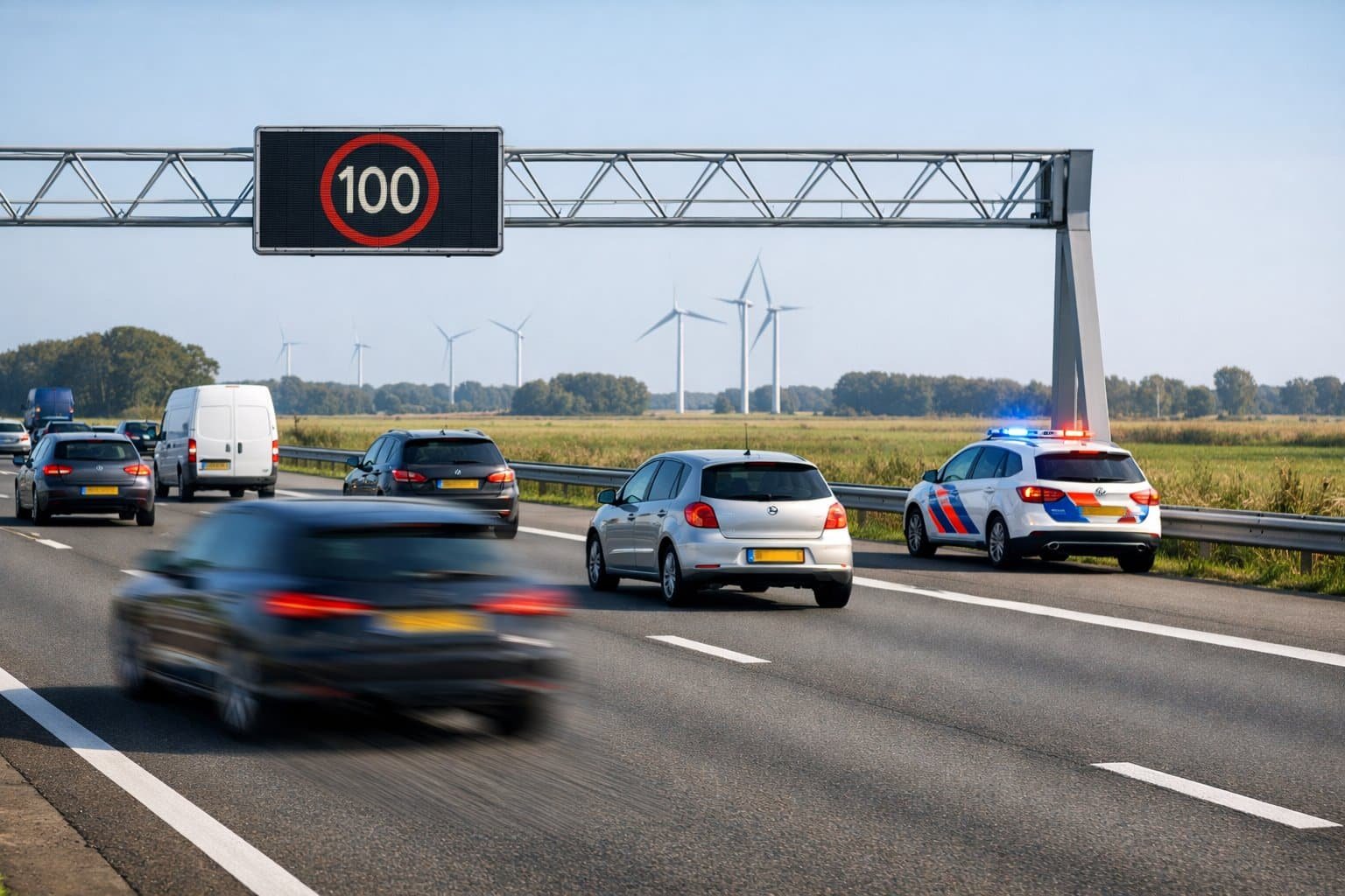 A busy Dutch highway with cars driving at different speeds, a police car with flashing lights on the roadside, and a speed limit sign visible in the background.
