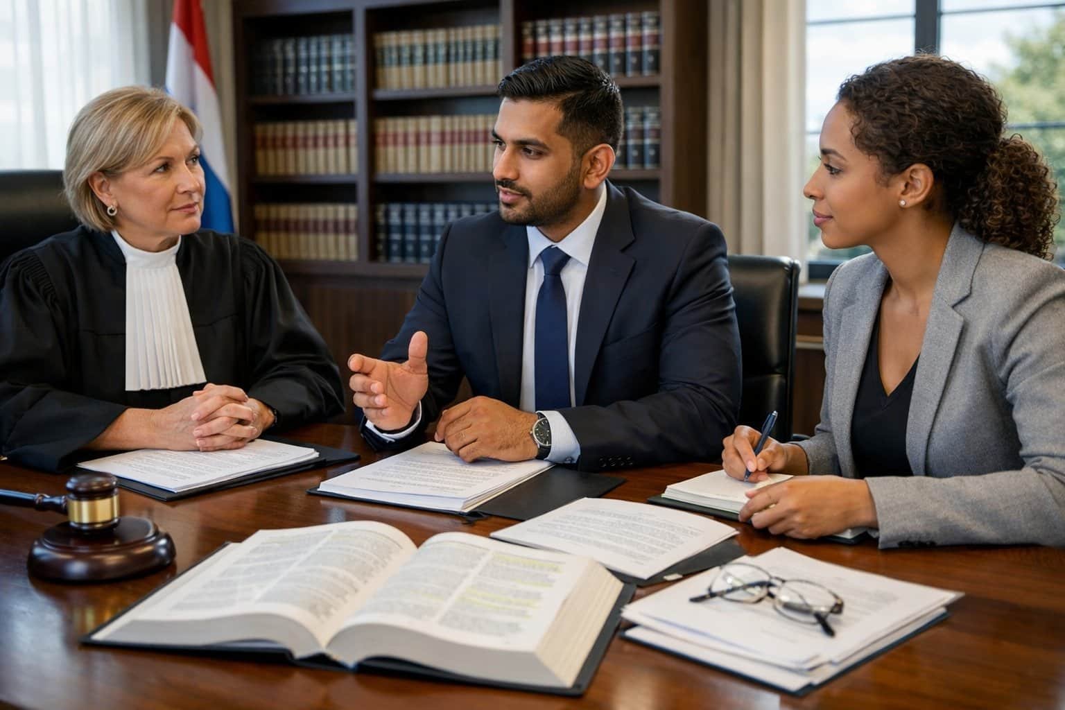 A group of legal professionals discussing documents in a modern office with law books and a Dutch flag in the background.