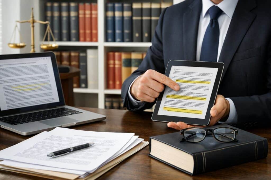 A lawyer in a modern office pointing at a tablet with legal documents and books about Dutch civil litigation on a desk.