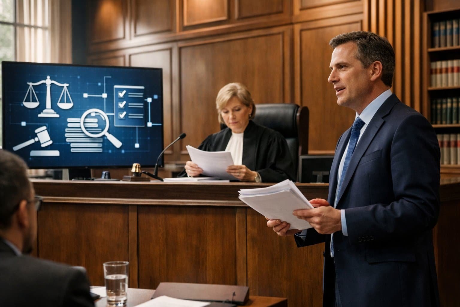 A judge and a lawyer in a courtroom reviewing legal documents with a digital screen showing legal graphics in the background.