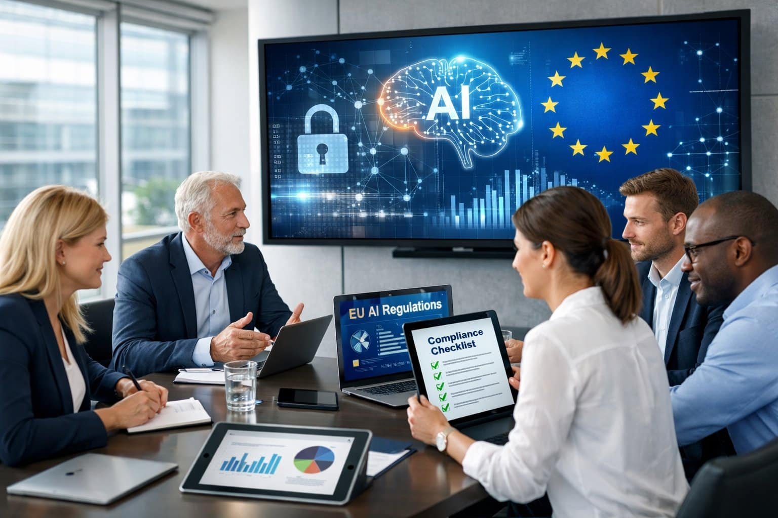 A group of business professionals in a modern office meeting around a table with laptops and digital devices, discussing technology and compliance.