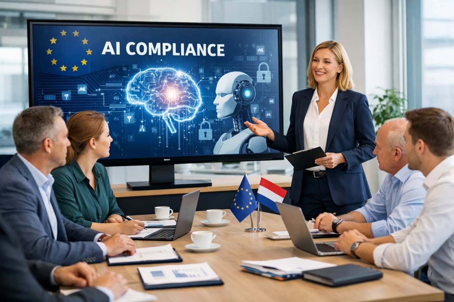 A group of business professionals in a meeting room discussing AI compliance with a digital screen showing AI graphics and EU symbols.