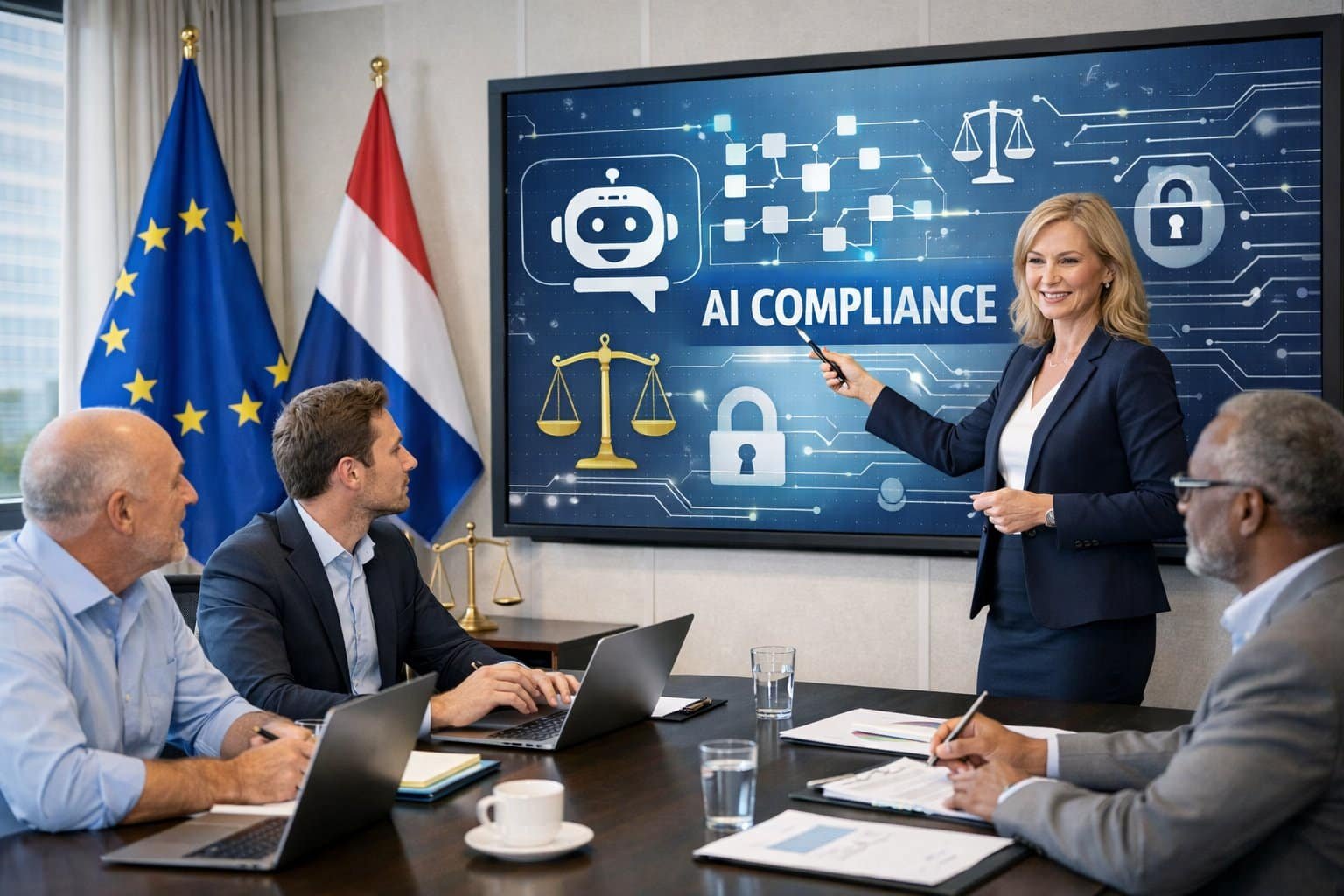 A group of business professionals in an office discussing AI chatbot compliance with a digital screen showing AI graphics.