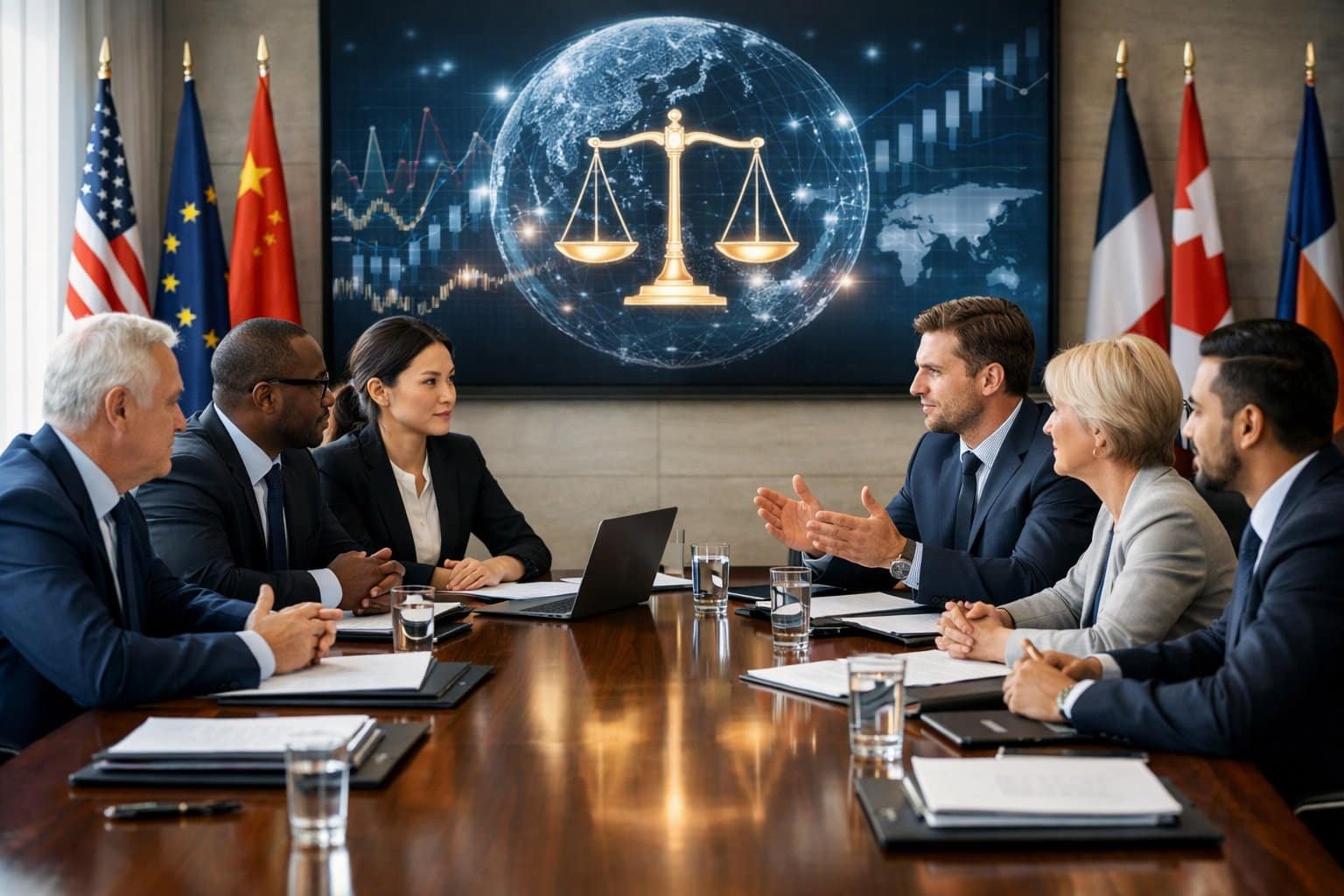 A group of diverse business professionals in a conference room discussing documents around a large table with international flags in the background.