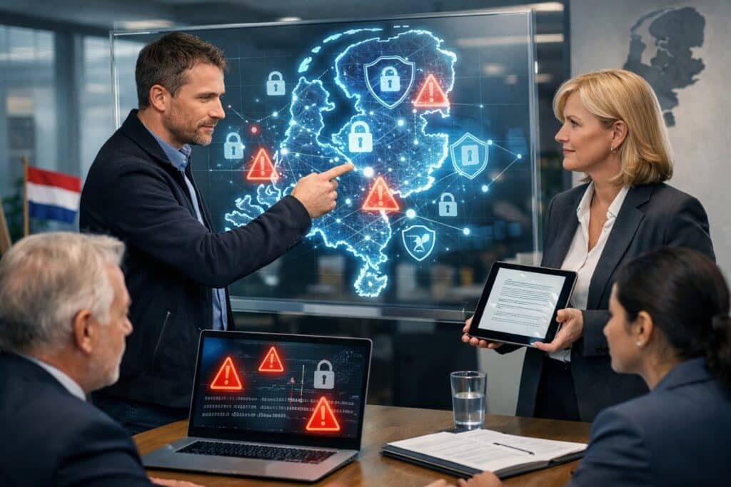 A group of business professionals discussing cybersecurity and legal responsibility in an office with a digital map of the Netherlands showing security icons.