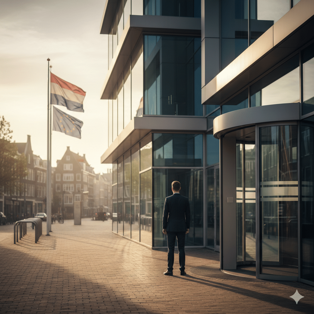 A professional standing at the entrance of a modern glass office building in the Netherlands, symbolizing legal protection and the right to remain during an immigration appeal procedure.
