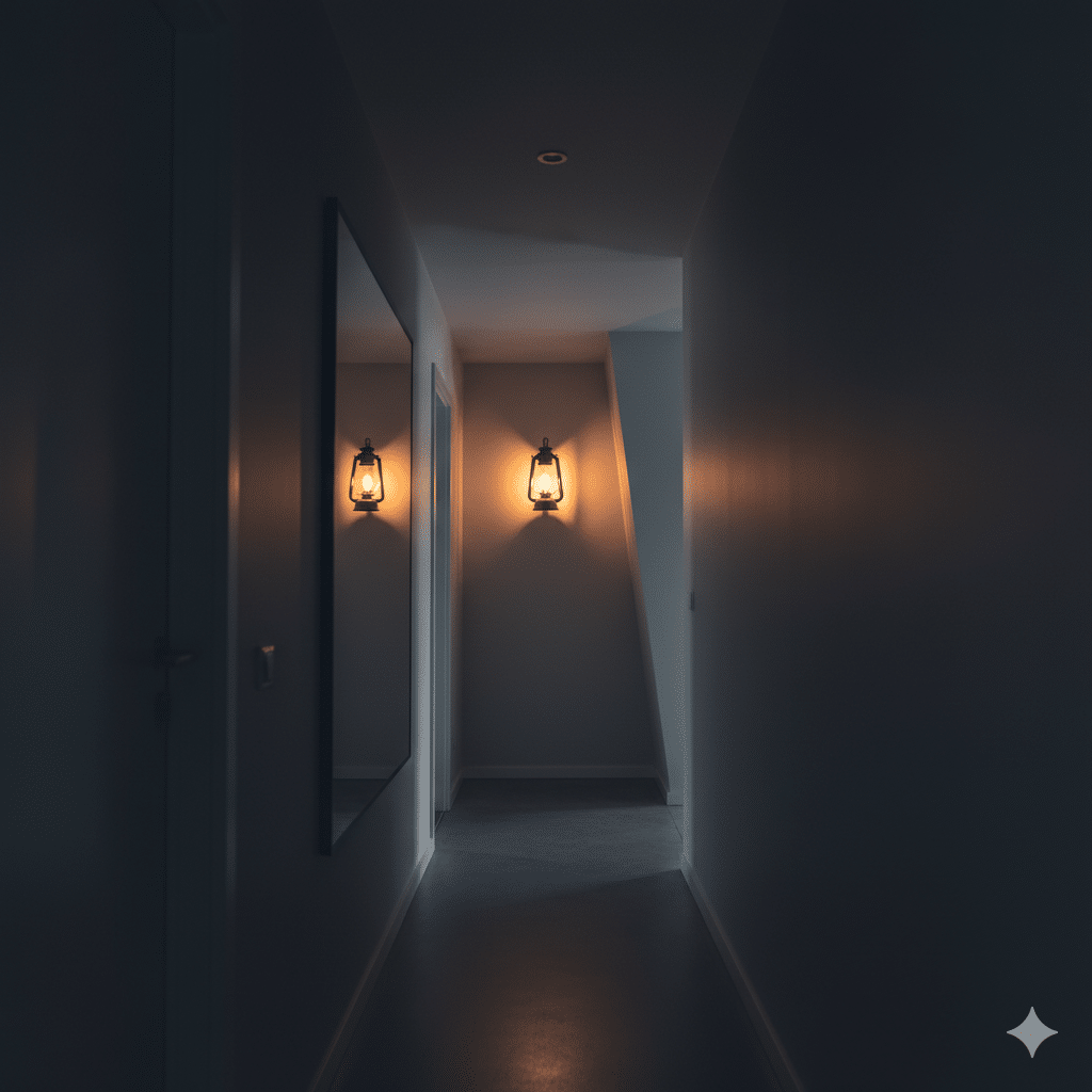 Gaslighting as a Form of Psychological Domestic Violence: Legal Remedies Under Dutch Law 2 A dimly lit hallway with a flickering gas lamp casting distorted shadows, symbolising gaslighting as a form of psychological domestic violence.