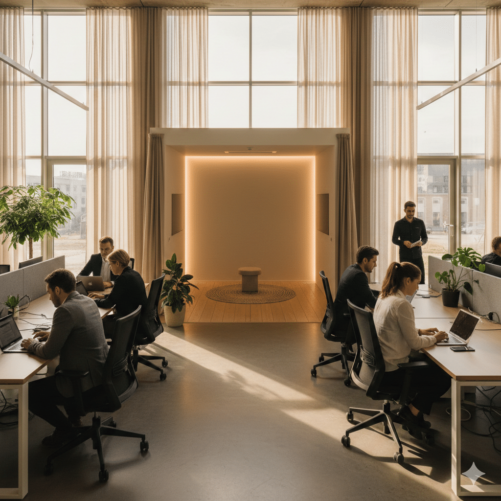 Freedom of Religion in the Workplace: Rights, Limits and Obligations for Employers and Employees in the Netherlands 2 Modern office environment with a calm, designated prayer space visible in the background, illustrating freedom of religion in the workplace.