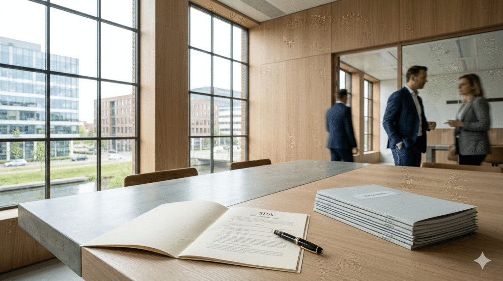 Modern Nederlands notariskantoor met contractdocumenten en due diligence mappen op een vergadertafel, met natuurlijk daglicht door grote ramen — illustratie bij een juridische gids over warranties, vrijwaringen en escrow bij bedrijfsovernames.