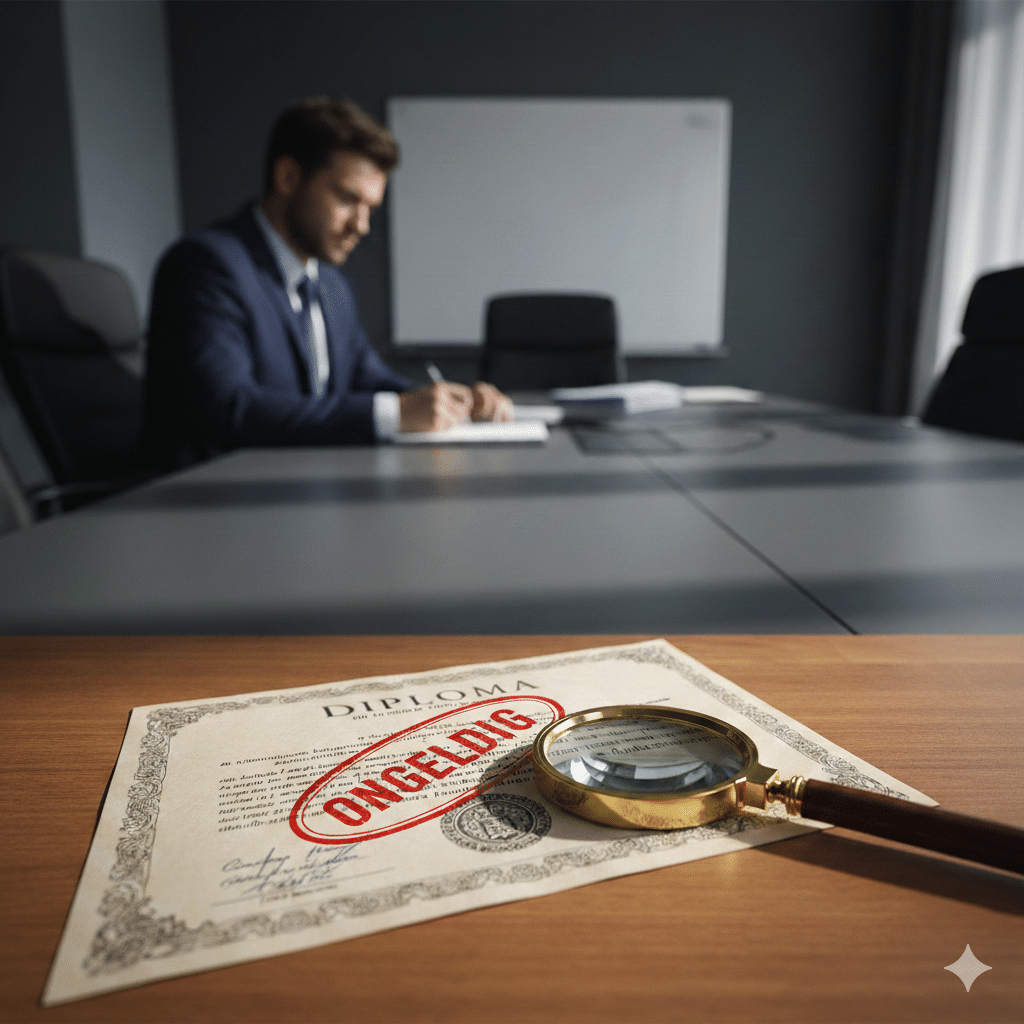 Invalid diploma under magnifying glass — illustration for article about diploma fraud