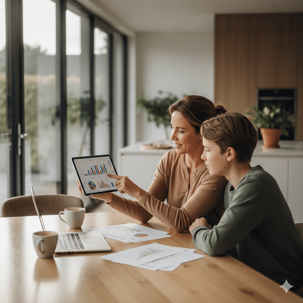Parent and teenager discussing contracts and financial responsibility at kitchen table