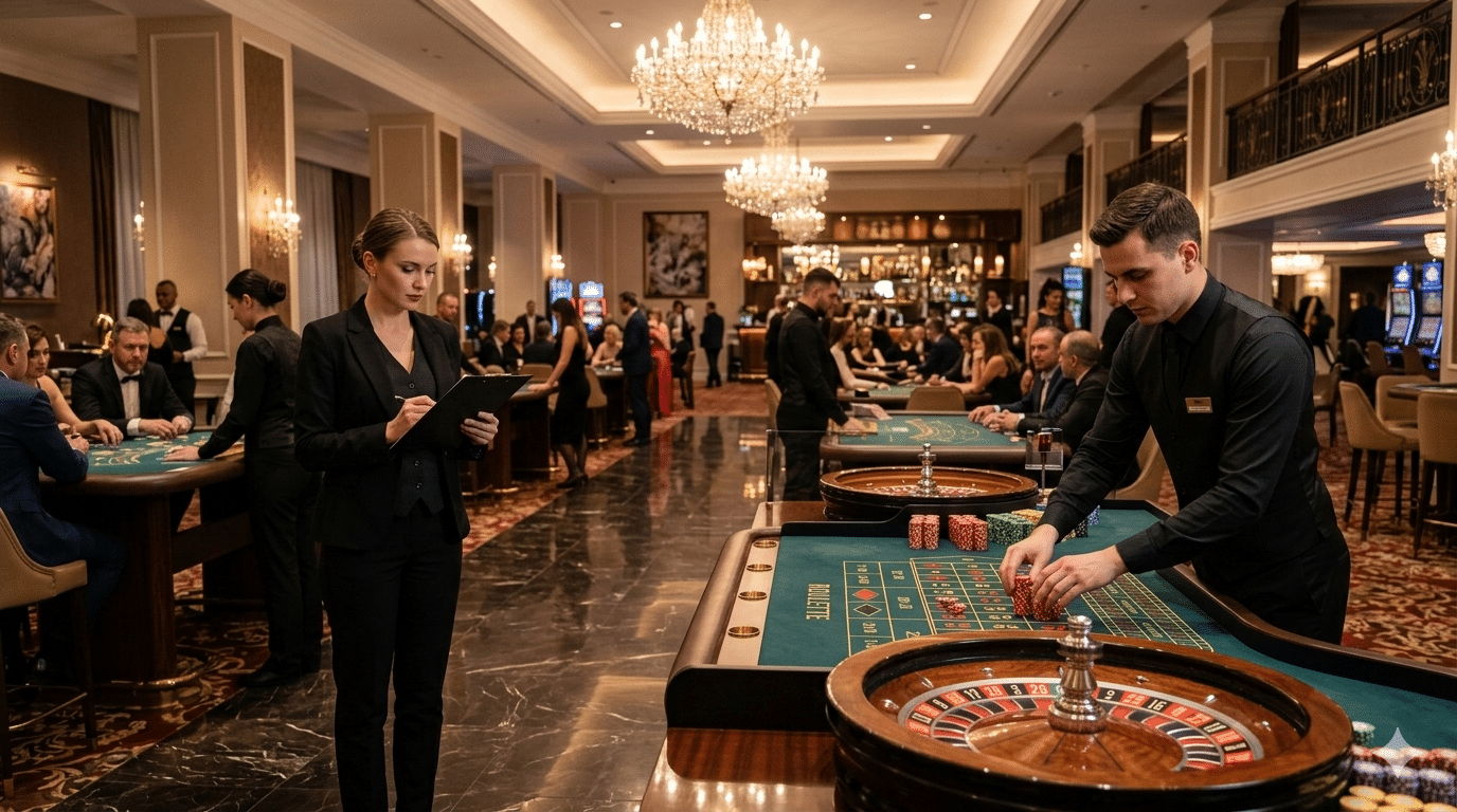 Casino employees in formal uniforms at gaming tables on an elegantly lit casino floor — illustration accompanying the article on probationary dismissal in the casino sector.