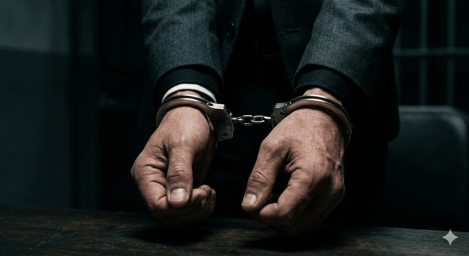 Handen van een man in een donker pak met zilveren handboeien tegen een donkere achtergrond