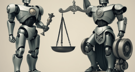Two robots holding a balance scale.