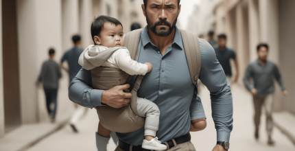 Man carrying child in busy street.