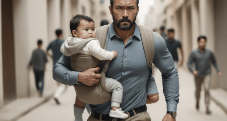 Man carrying child in busy street.