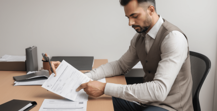 Man reviewing documents at desk.