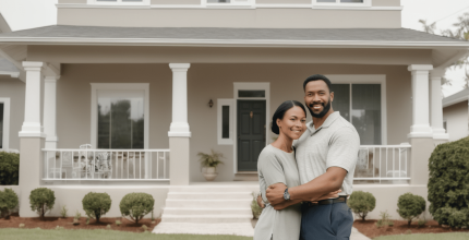 A couple before a house