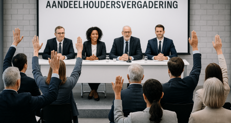 Shareholders raising hands in meeting.