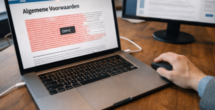 Overhead view of laptop copying terms and conditions from website, warning visualization of legal risks when copying from internet