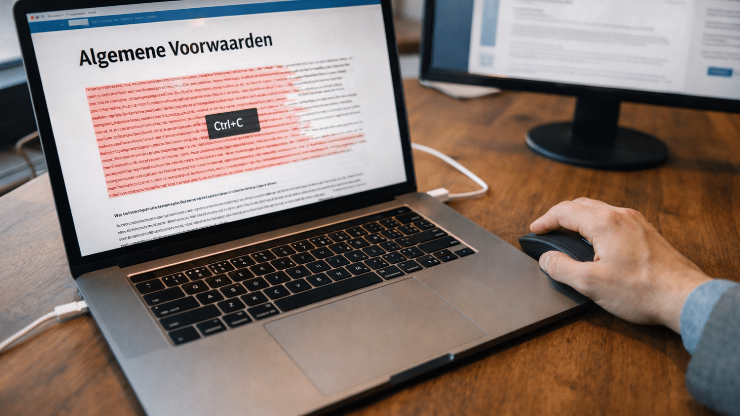 Overhead view of laptop copying terms and conditions from website, warning visualization of legal risks when copying from internet