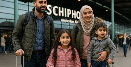 Family arriving at Schiphol Airport.