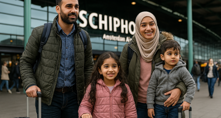 Family arriving at Schiphol Airport.