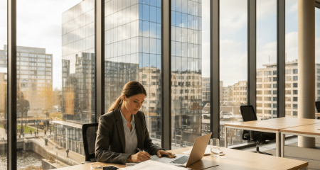 Entrepreneur reviewing legal documents at a modern desk by the window, with a business district view in the background — symbolizing the process of incorporating a private limited company in the Netherlands.