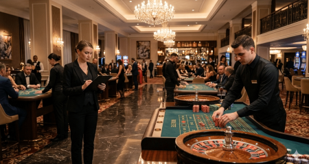 Casino employees in formal uniforms at gaming tables on an elegantly lit casino floor — illustration accompanying the article on probationary dismissal in the casino sector.