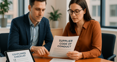 Two business professionals discuss a code of conduct for suppliers at a conference table - legal advice Law & More