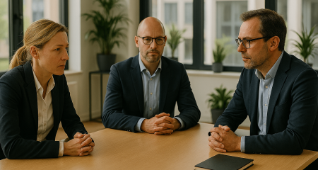 three persons in a meeting room