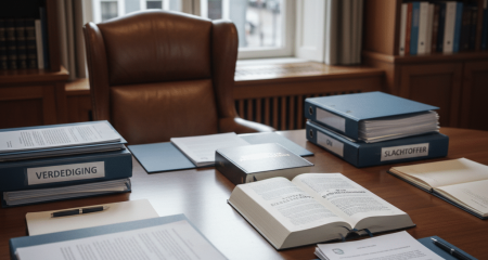 Professional organized desk with criminal law documents regarding five investigative questions, investigation requests and expert examination in criminal proceedings