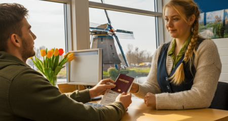 Person submitting passport for visa application.