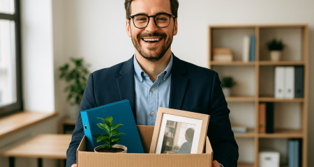 Smiling employee holding a cardboard box.