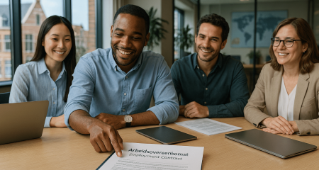 Group of people discusses employment agreement