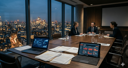 Corporate boardroom with laptop, legal documents and a GDPR compliance dashboard showing warning indicators — illustration accompanying legal risks of data sharing under GDPR