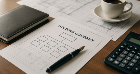 Professional business workspace showing holding company structure diagram, architectural drawings on wooden desk with pen and documents, photorealistic overhead view