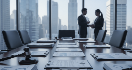 Legal documents and financial reports on a conference table in a law office with a view of the business skyline, representative of cartel damages claims and competition law proceedings.